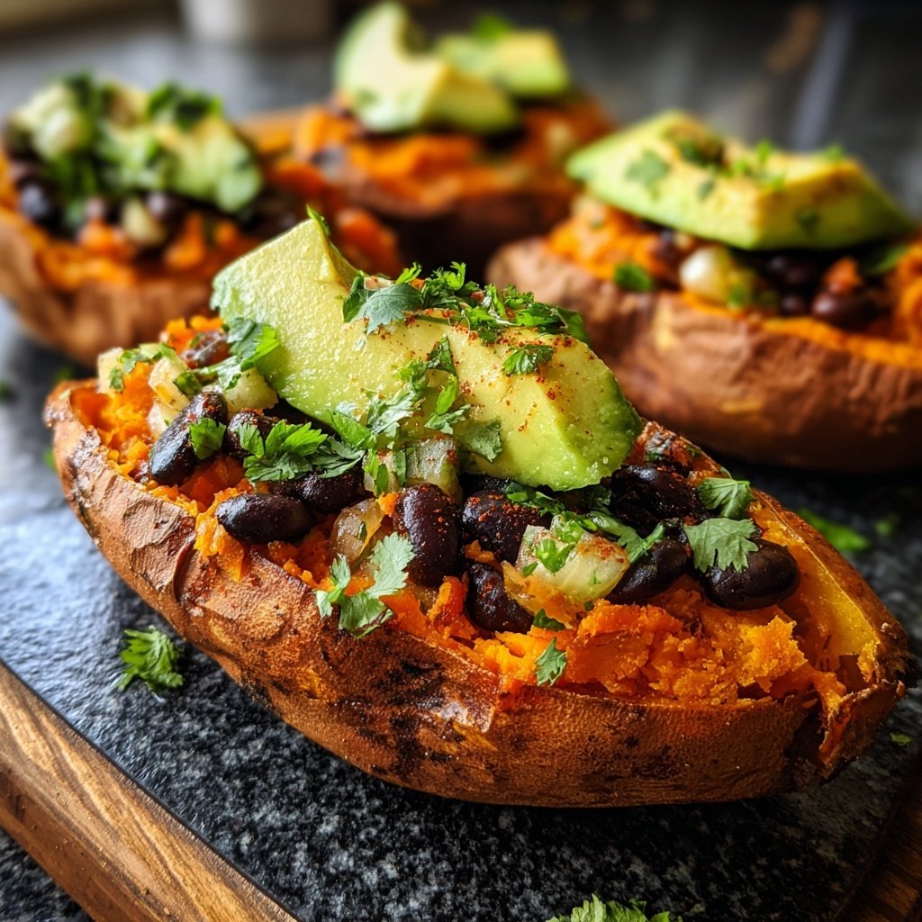 Gefüllte Süßkartoffeln mit Bohnen